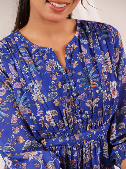 Janasya Dark Georgette Floral A-Line Dress