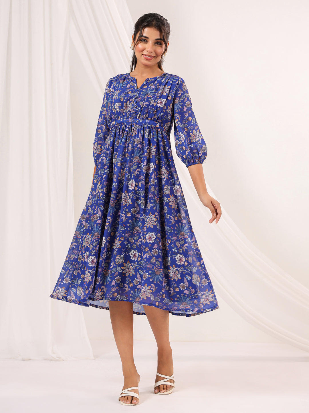 Janasya Dark Georgette Floral A-Line Dress