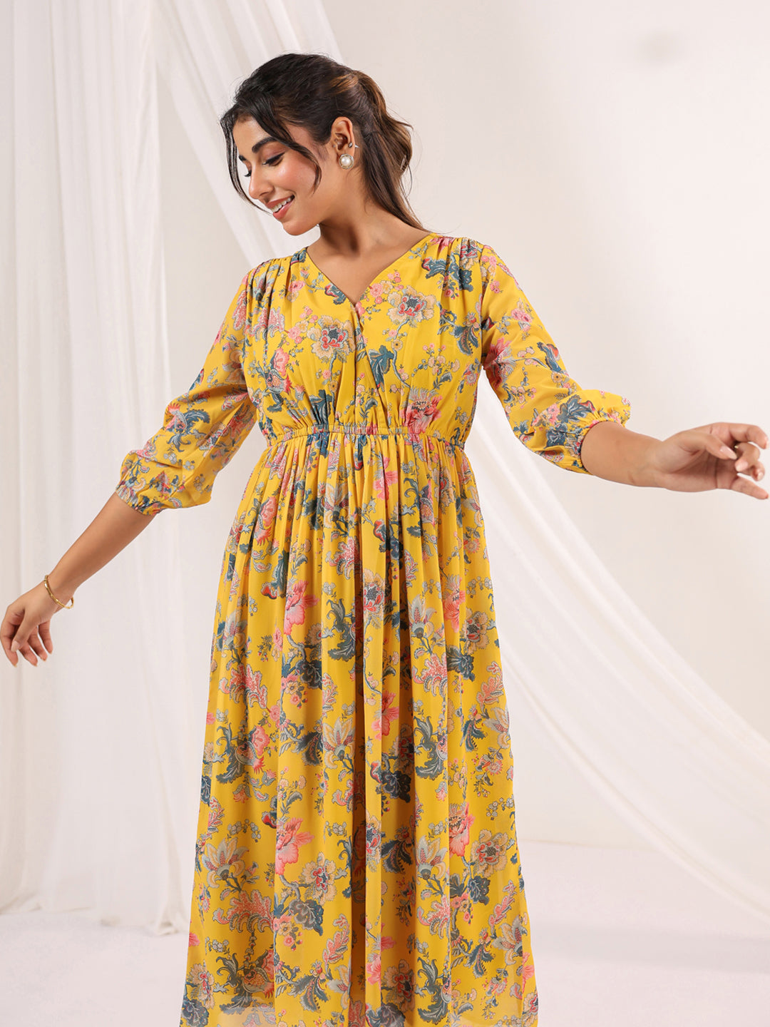 Janasya Bright Georgette Floral A-Line Dress