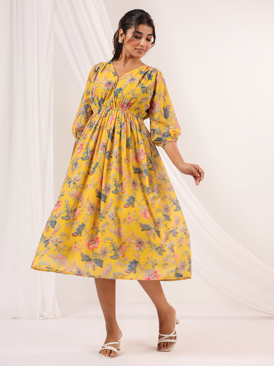 Janasya Bright Georgette Floral A-Line Dress