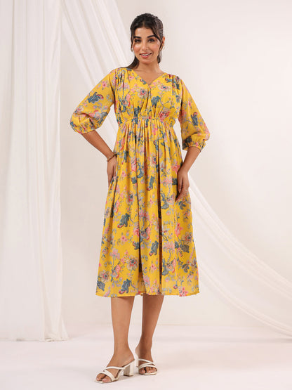 Janasya Bright Georgette Floral A-Line Dress