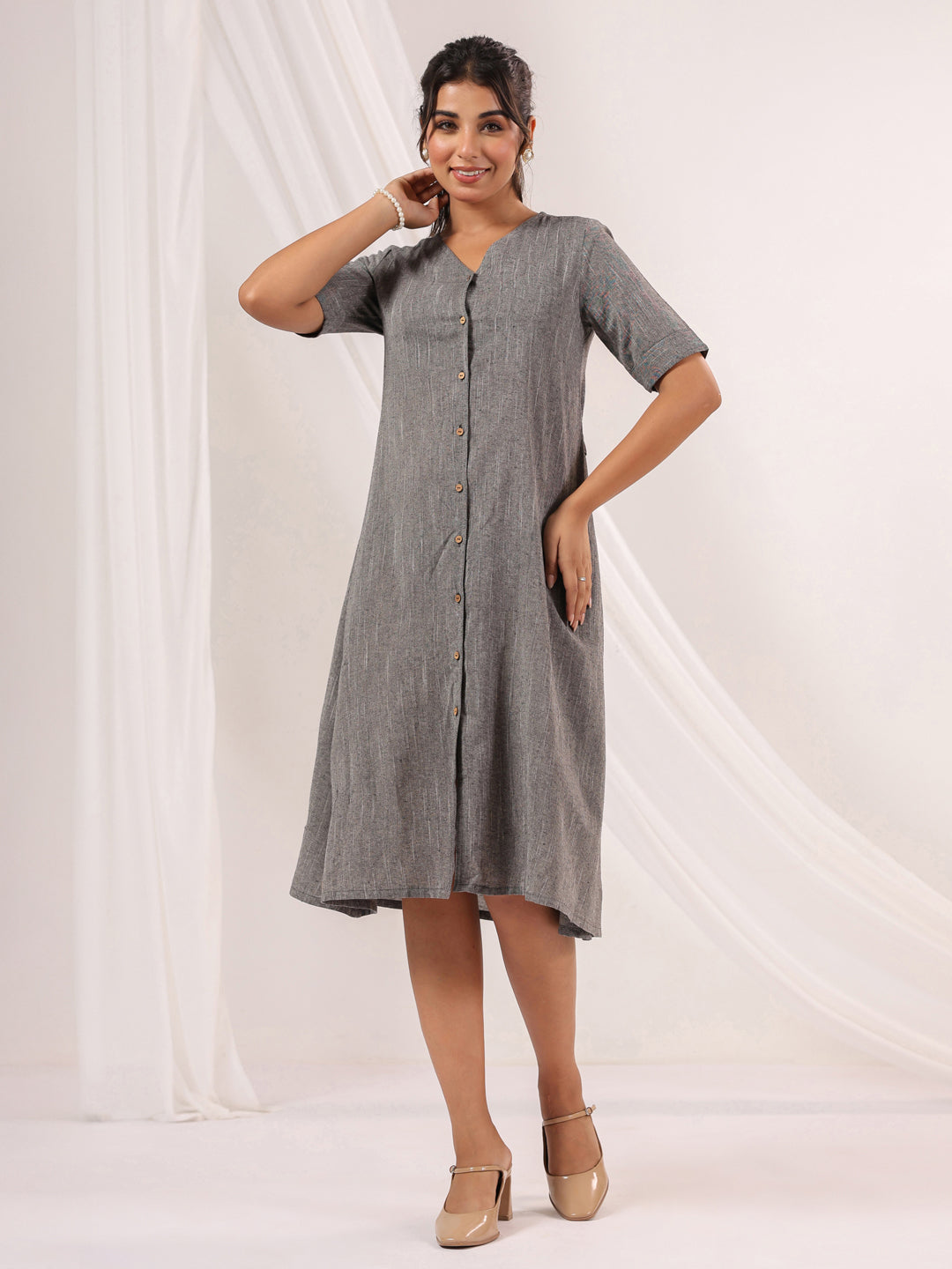 Janasya Dark Cotton Solid A-Line Dress