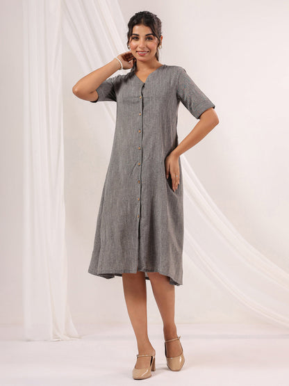 Janasya Dark Cotton Solid A-Line Dress