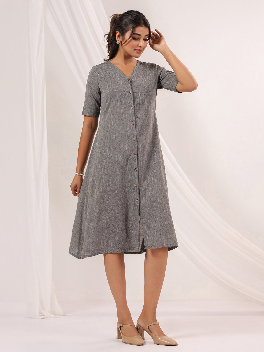 Janasya Dark Cotton Solid A-Line Dress