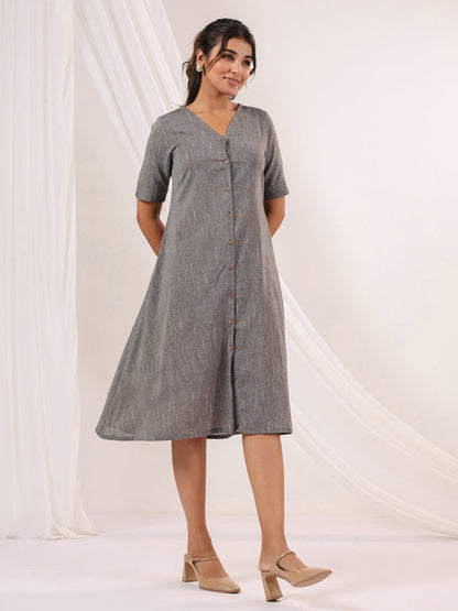 Janasya Dark Cotton Solid A-Line Dress