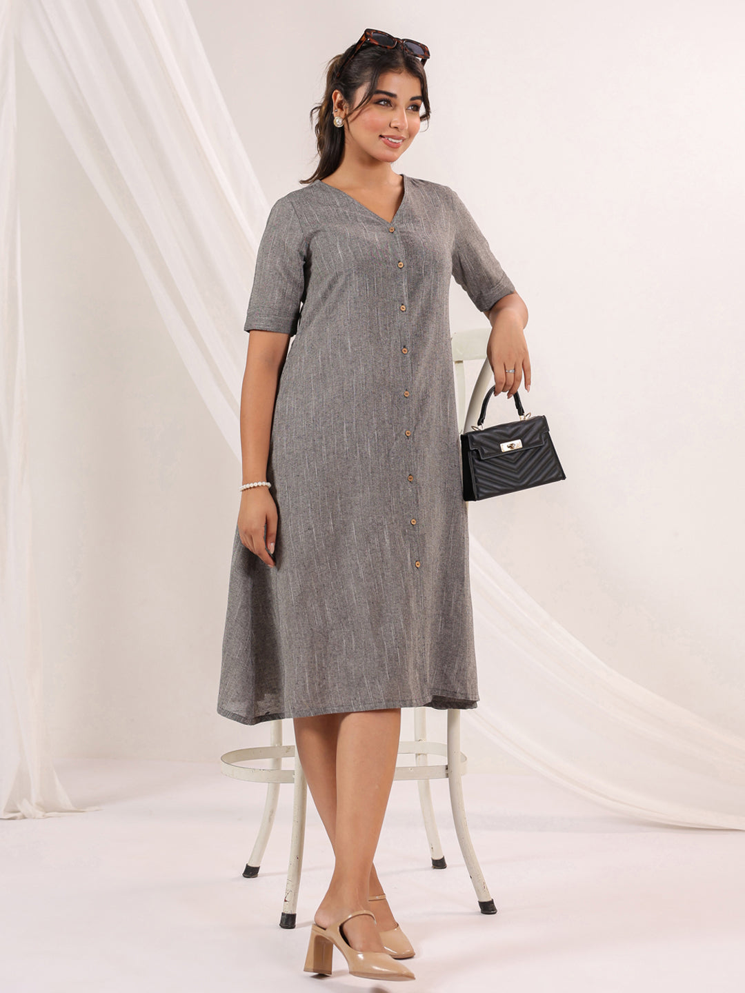 Janasya Dark Cotton Solid A-Line Dress