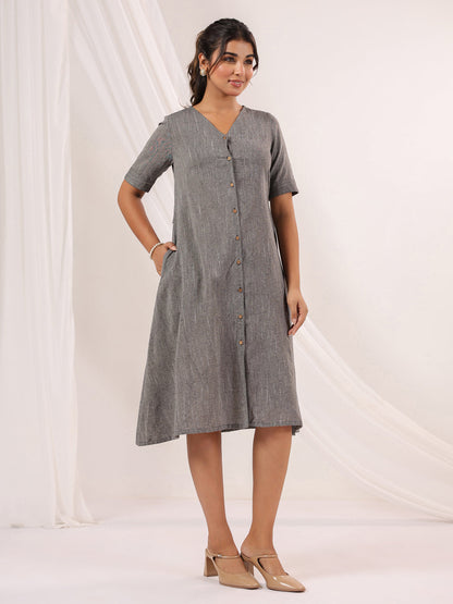 Janasya Dark Cotton Solid A-Line Dress