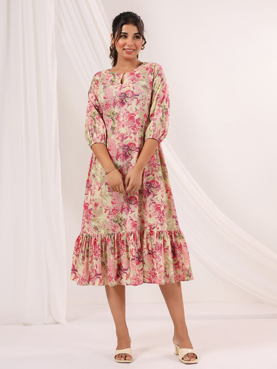 Janasya Bright Cotton Floral A-Line Dress