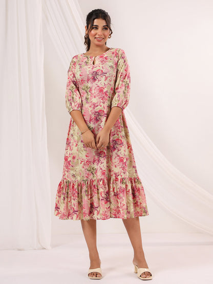 Janasya Bright Cotton Floral A-Line Dress