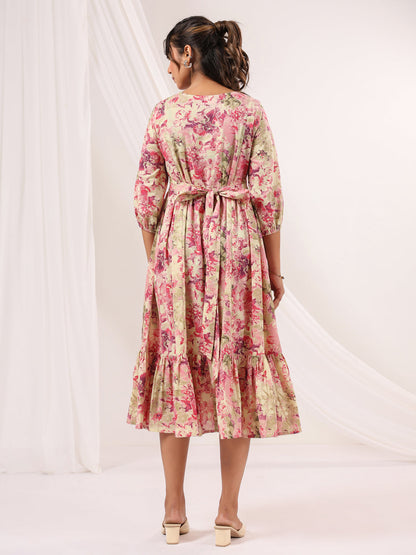 Janasya Bright Cotton Floral A-Line Dress
