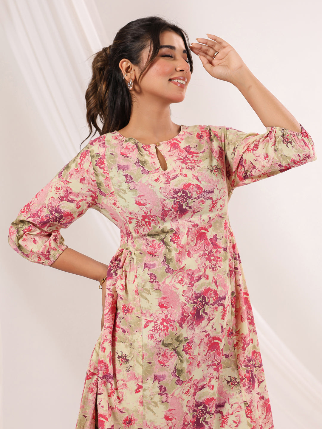 Janasya Bright Cotton Floral A-Line Dress