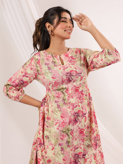 Janasya Bright Cotton Floral A-Line Dress