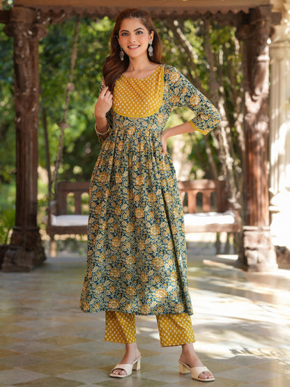 Janasya Dark Cotton Floral A-Line Kurta Set