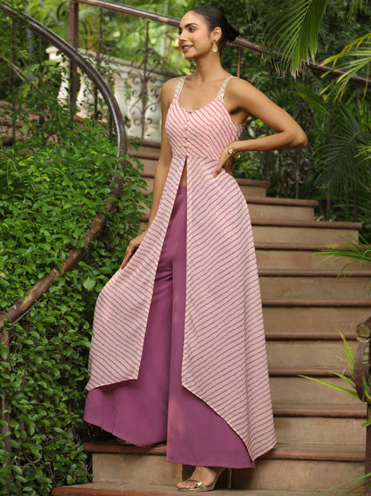 Janasya Light Georgette Striped Asymmetric Kurta Set