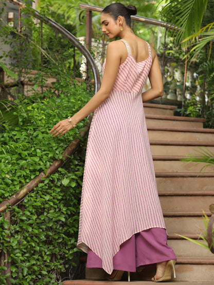 Janasya Light Georgette Striped Asymmetric Kurta Set
