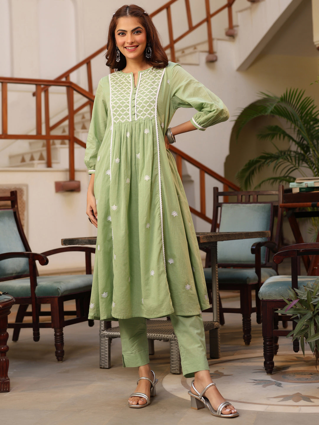 Janasya Light Cotton Embroidered A-Line Kurta Set