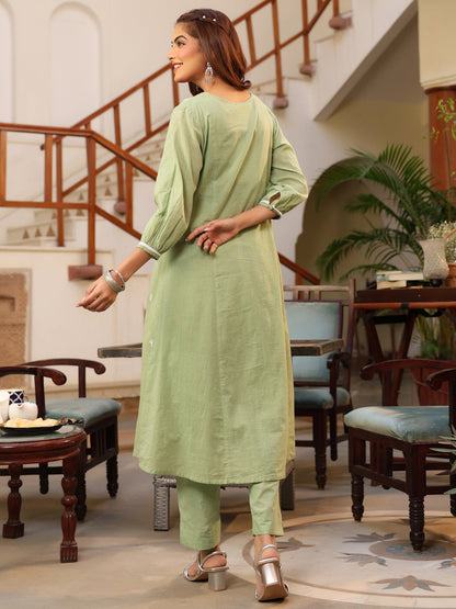 Janasya Light Cotton Embroidered A-Line Kurta Set