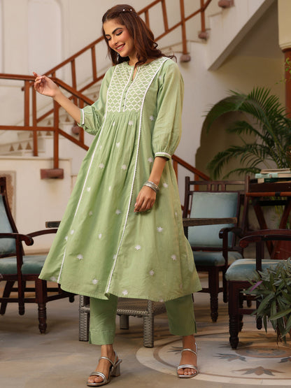 Janasya Light Cotton Embroidered A-Line Kurta Set