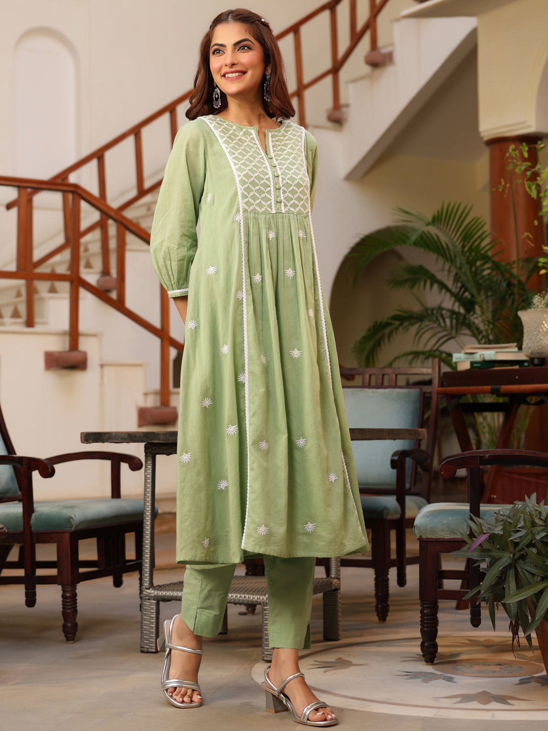 Janasya Light Cotton Embroidered A-Line Kurta Set