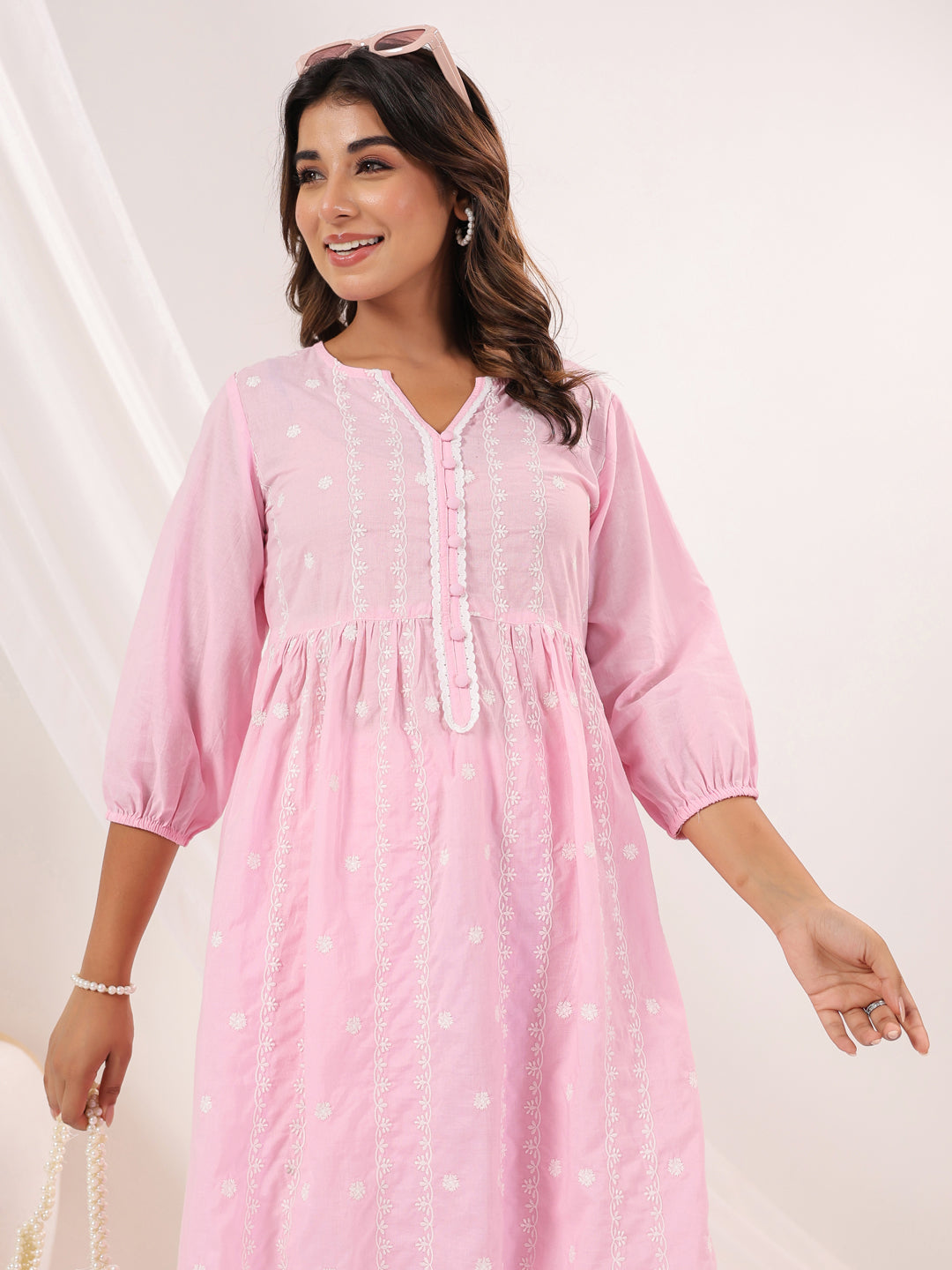 Janasya Light Cotton Embroidered A-Line Kurta Set