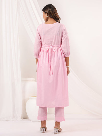 Janasya Light Cotton Embroidered A-Line Kurta Set