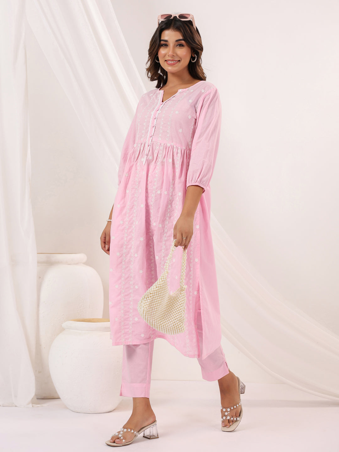 Janasya Light Cotton Embroidered A-Line Kurta Set