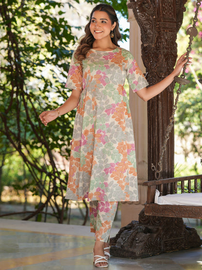 Janasya Light Cotton Floral A-Line Kurta Set