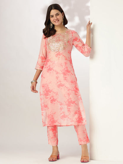 Janasya Light Silk Blend Tie & dye Straight Kurta Set