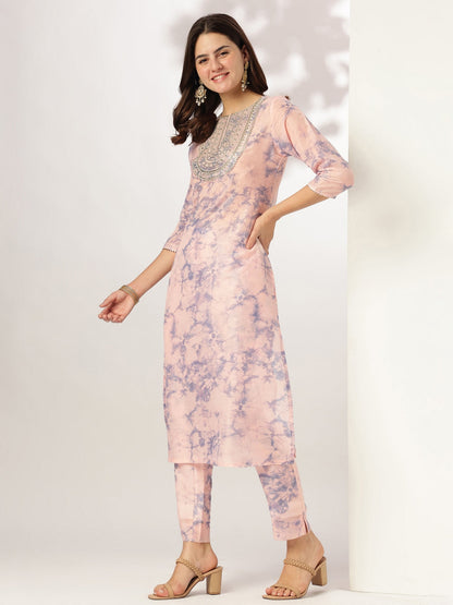 Janasya Light Silk Blend Tie & dye Straight Kurta Set