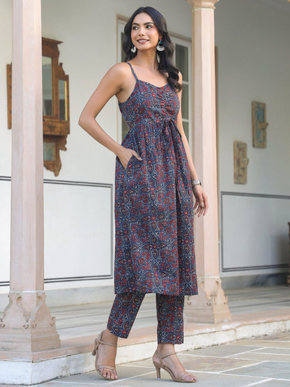 Janasya Dark Cotton Ethnic Motifs A-Line Kurta Set