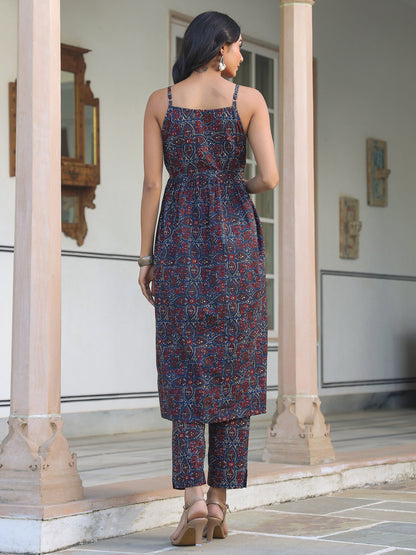 Janasya Dark Cotton Ethnic Motifs A-Line Kurta Set