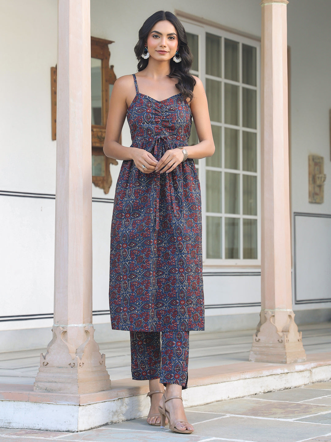 Janasya Dark Cotton Ethnic Motifs A-Line Kurta Set