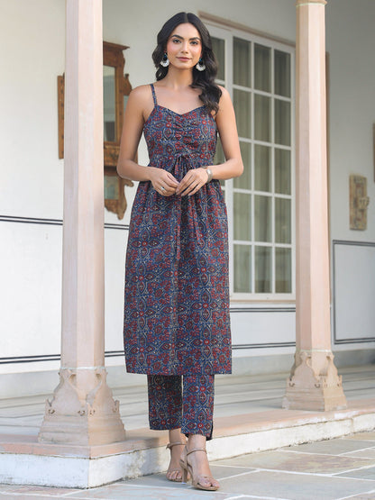Janasya Dark Cotton Ethnic Motifs A-Line Kurta Set