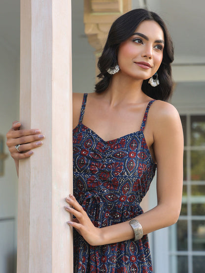 Janasya Dark Cotton Ethnic Motifs A-Line Kurta Set