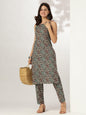 Janasya Dark Cotton Ethnic Motifs Straight Kurta Set