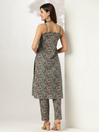 Janasya Dark Cotton Ethnic Motifs Straight Kurta Set