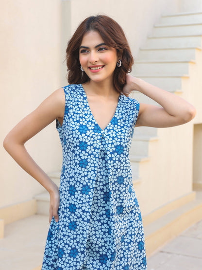 Janasya Dark Cotton Floral A-Line Kurta Set