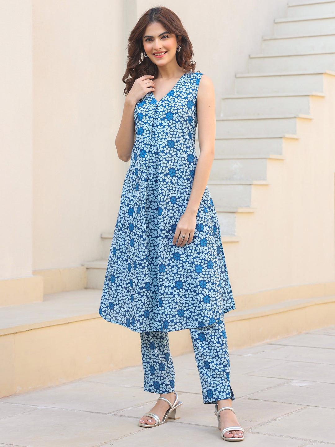 Janasya Dark Cotton Floral A-Line Kurta Set
