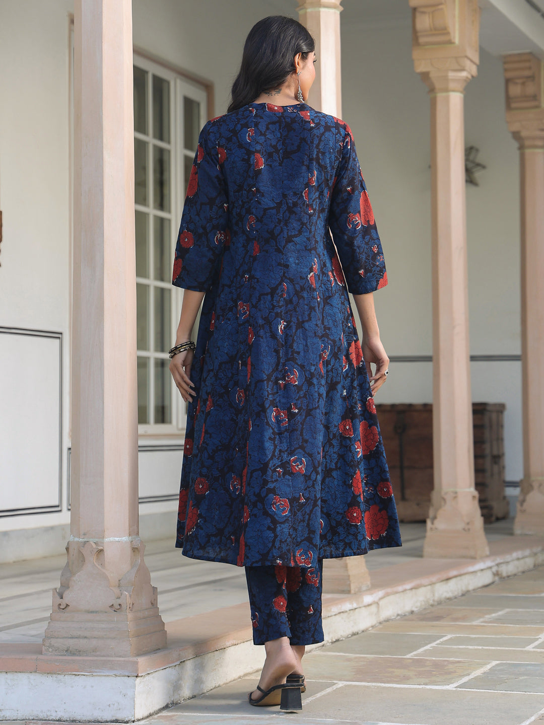 Janasya Dark Cotton Floral A-Line Kurta Set