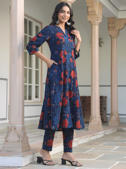 Janasya Dark Cotton Floral A-Line Kurta Set
