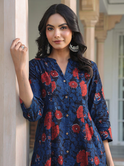 Janasya Dark Cotton Floral A-Line Kurta Set
