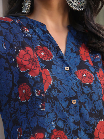 Janasya Dark Cotton Floral A-Line Kurta Set