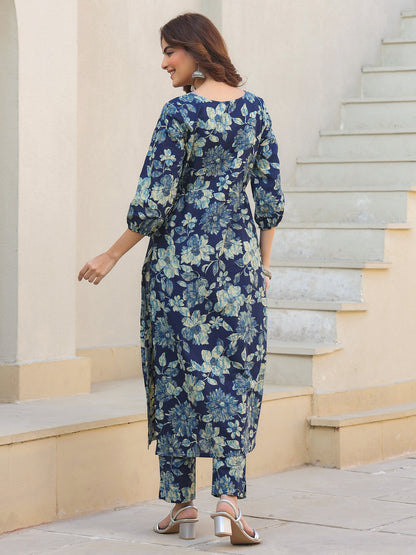 Janasya Dark Cotton Floral Straight Kurta Set