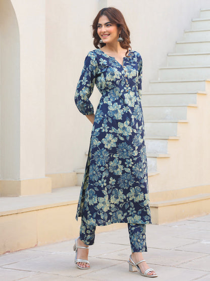 Janasya Dark Cotton Floral Straight Kurta Set
