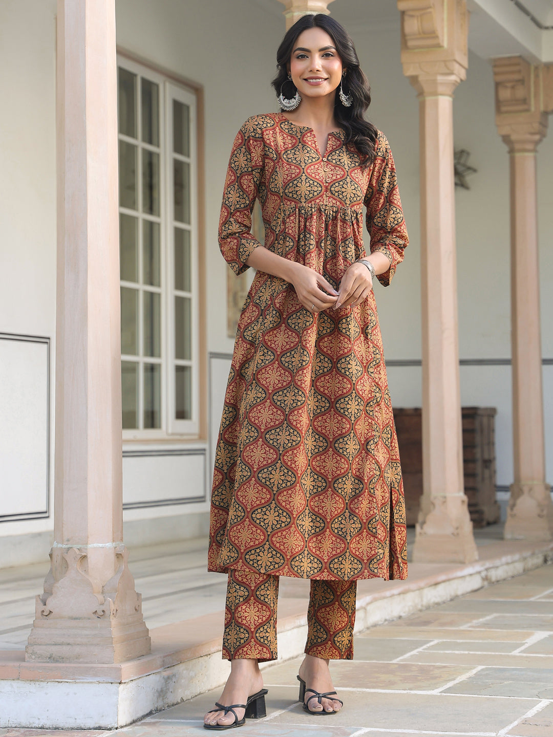 Janasya Dark Cotton Ethnic Motifs A-Line Kurta Set