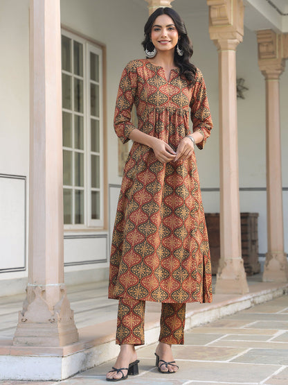 Janasya Dark Cotton Ethnic Motifs A-Line Kurta Set