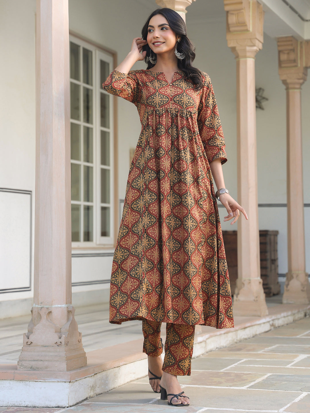 Janasya Dark Cotton Ethnic Motifs A-Line Kurta Set