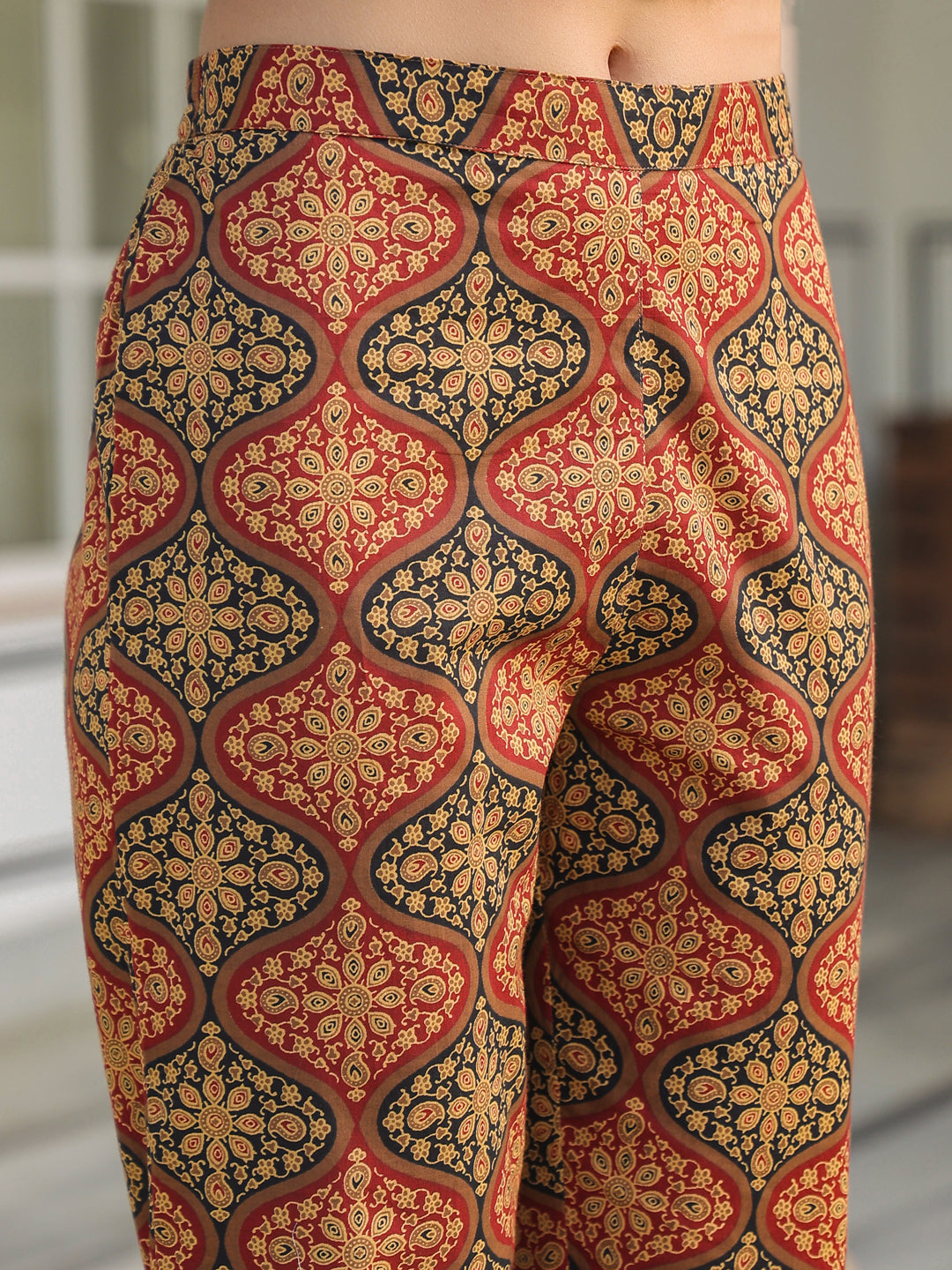 Janasya Dark Cotton Ethnic Motifs A-Line Kurta Set