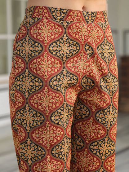 Janasya Dark Cotton Ethnic Motifs A-Line Kurta Set