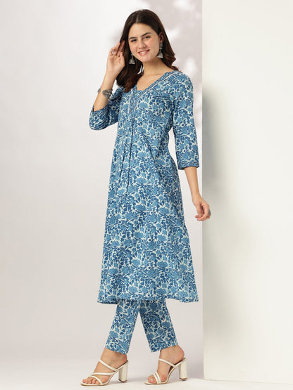 Janasya Dark Cotton Floral A-Line Kurta Set
